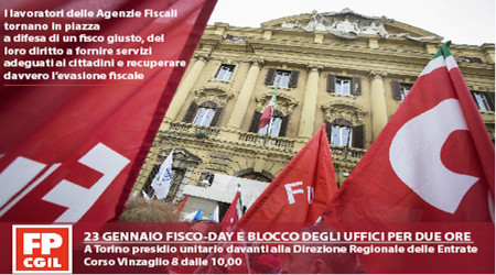 23 gennaio fisco-day e blocco degli uffici per due ore. A Torino presidio davanti Direzione Regionale delle Entrare