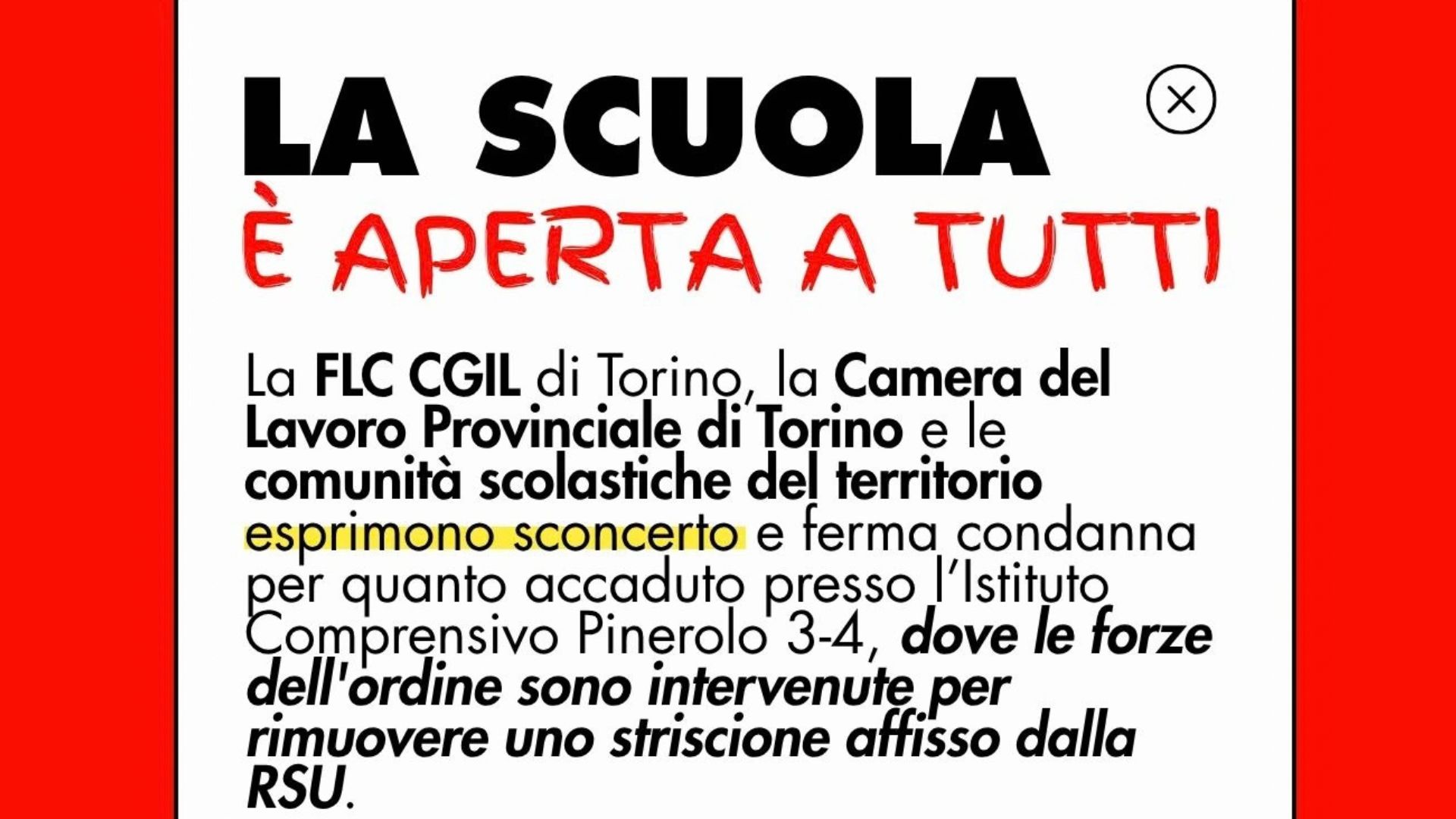 La scuola &egrave; aperta a tutti: a Pinerolo le forze dell'ordine rimuovono uno striscione 