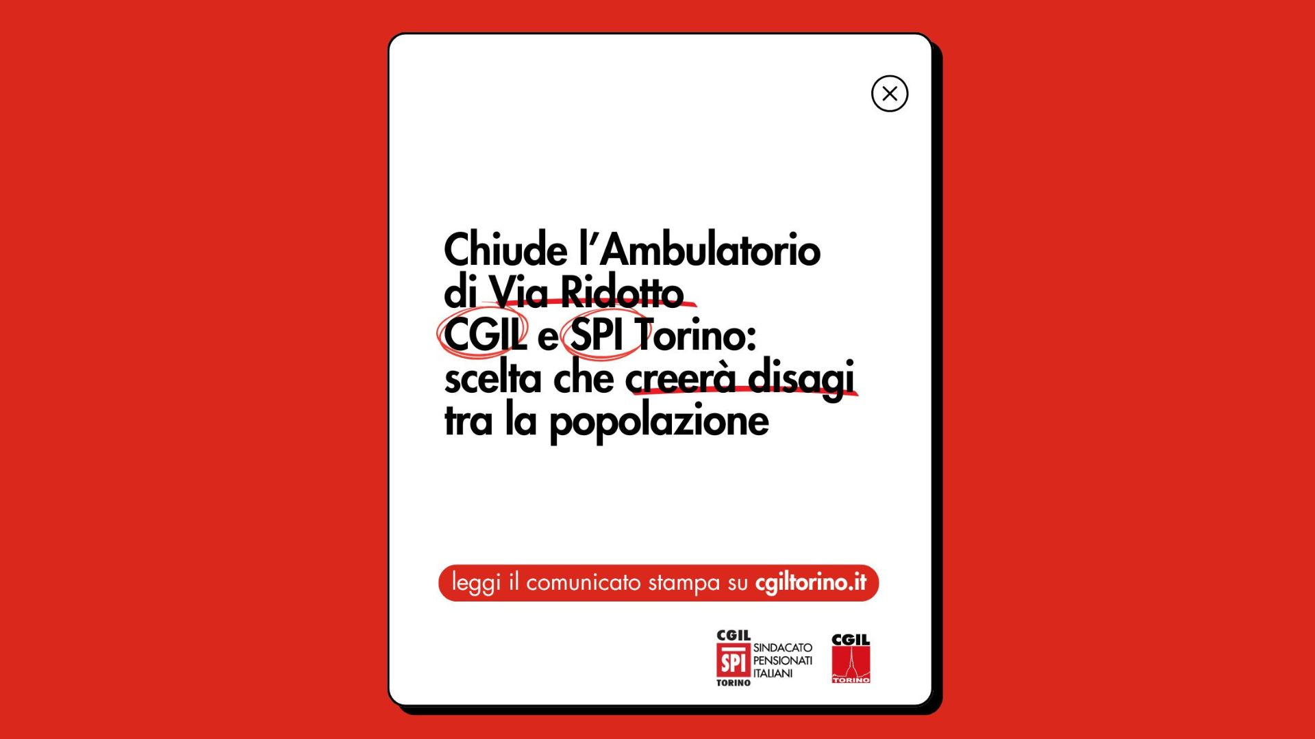 Chiude l&rsquo;Ambulatorio di Via Ridotto CGIL e SPI Torino
