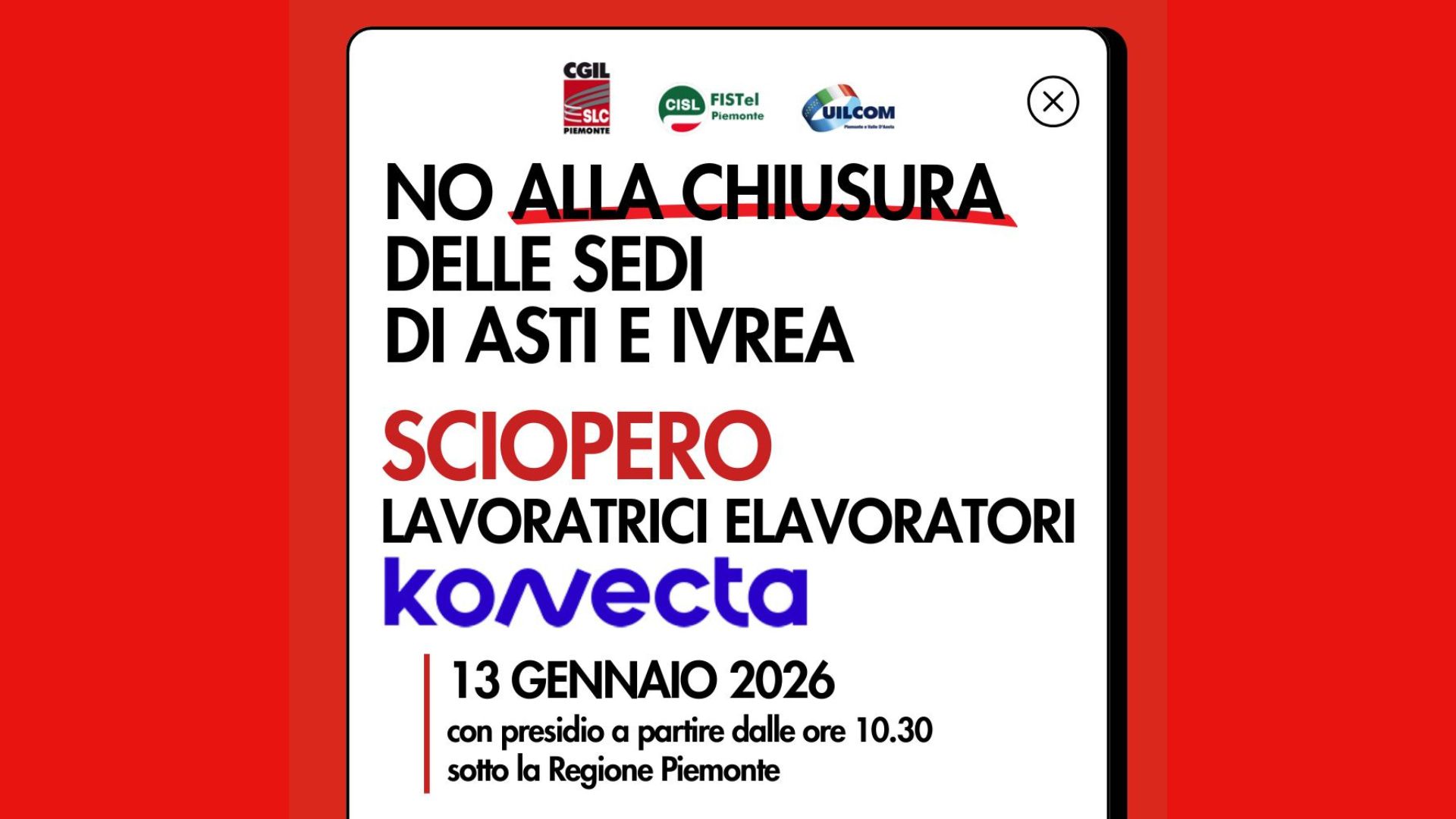 Sciopero Konecta contro la chiusura delle sedi di Asti ed Ivrea
